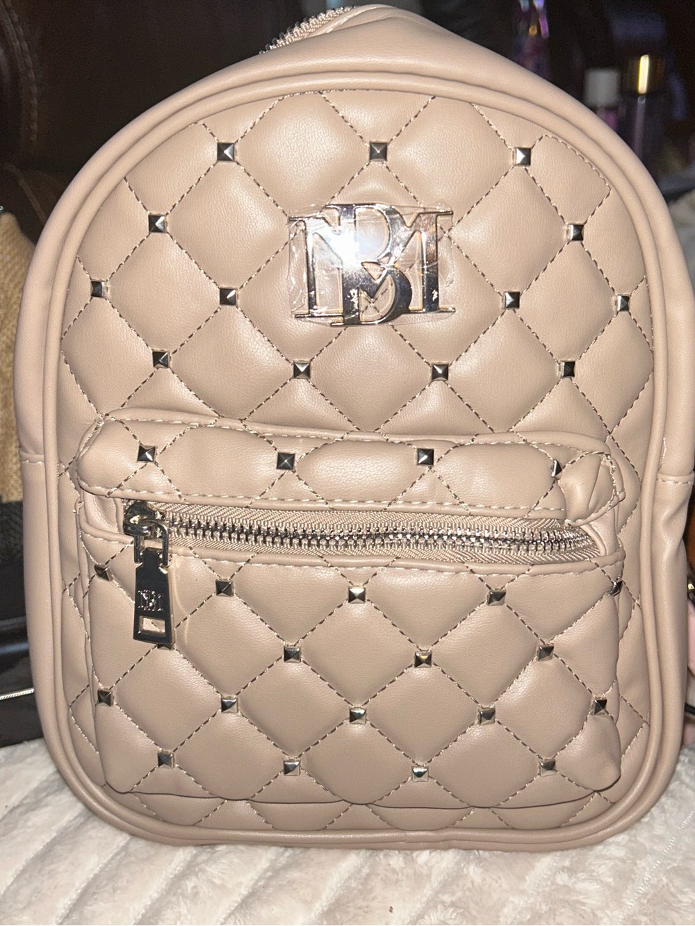 Badgley Mischka Quilted Mini Backpack in Beige with Silver Hardware